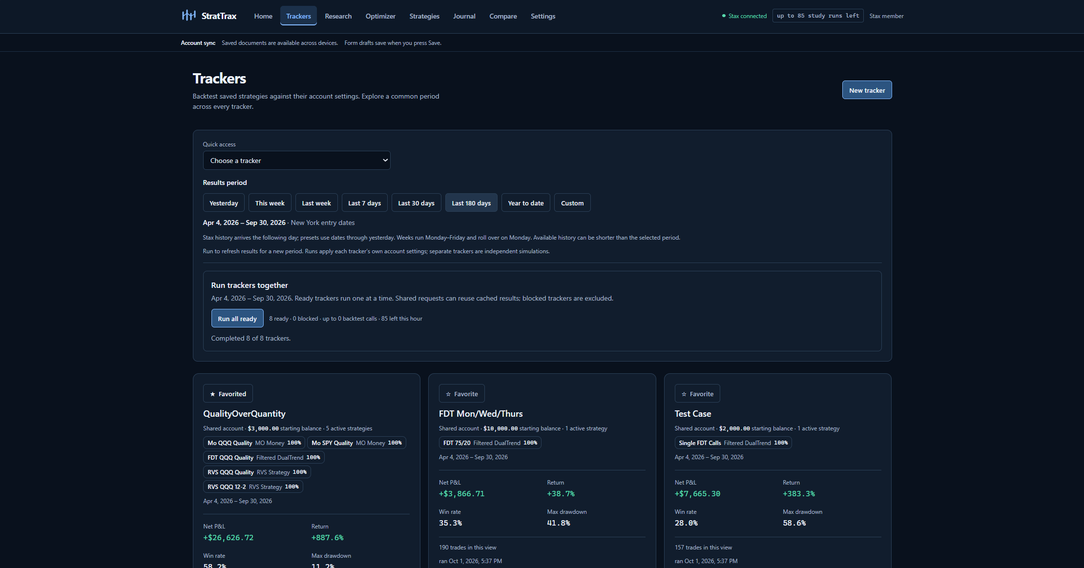 Trackers page with results period presets and tracker cards